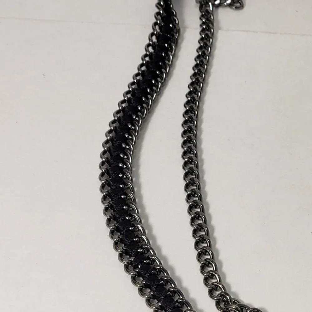 Polished Layered of Black Metal Crystal & Black Flower Design Brooch Necklace